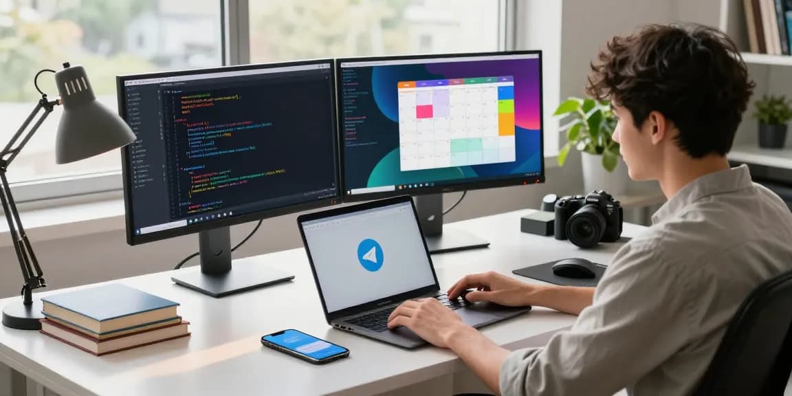 Download Telegram on a modern workspace with dual monitors showcasing the app interface and a vibrant office setting.