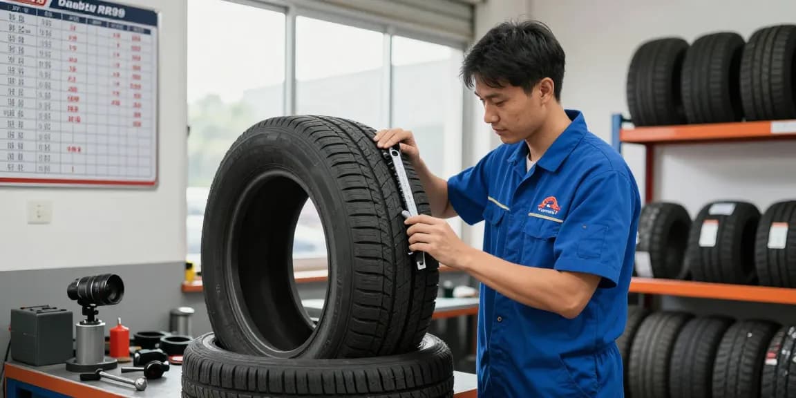 Mechanic inspecting Double Coin RR99 tires in a professional workshop, showcasing quality automotive service.