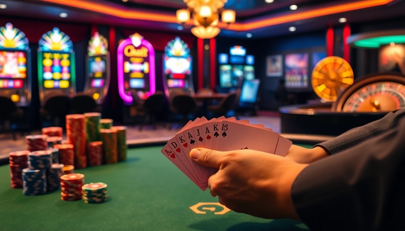 Experience the thrill of winning with 88aa at a luxurious casino poker table surrounded by vibrant games.