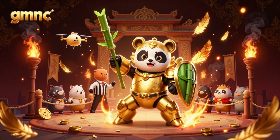 Experience gmnc with a mech-suit panda battling in a vibrant casino arena and cheering spectators.