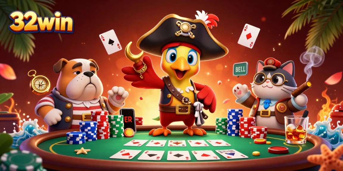Experience exciting poker action at 32win with a dynamic scene featuring cartoon pirate characters playing cards.