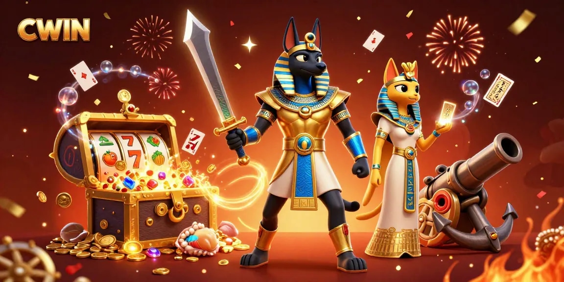CWIN promotional illustration showcasing vibrant gaming and jackpot elements around Anubis and Bastet.