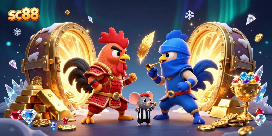 Engage in exciting sc88 gameplay as twin roosters battle, adorned in vibrant armors amid treasure!