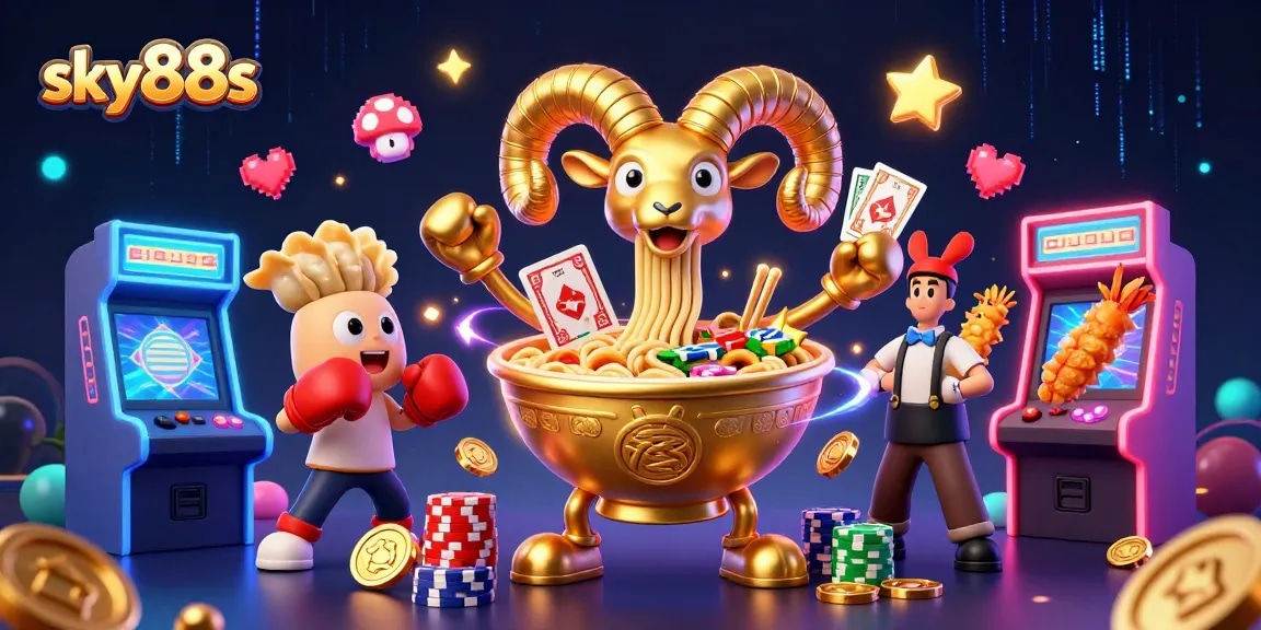 Engage with sky88s in a vibrant 3D casino scene filled with playful gambling action and colorful game elements.