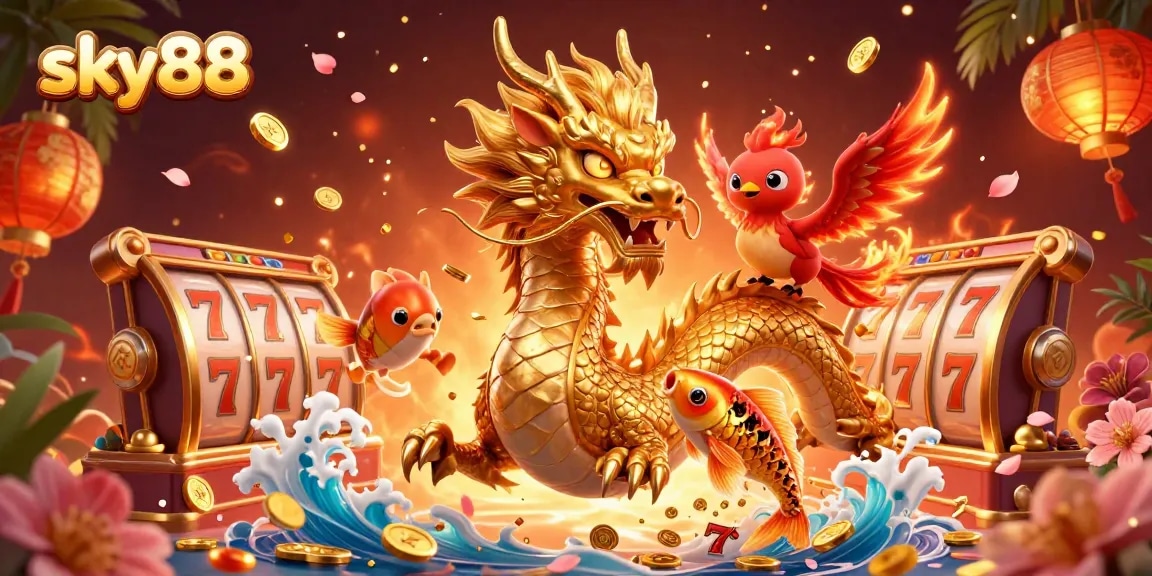 Engage in thrilling games at sky88 with vibrant casino elements, featuring a golden dragon and phoenix.