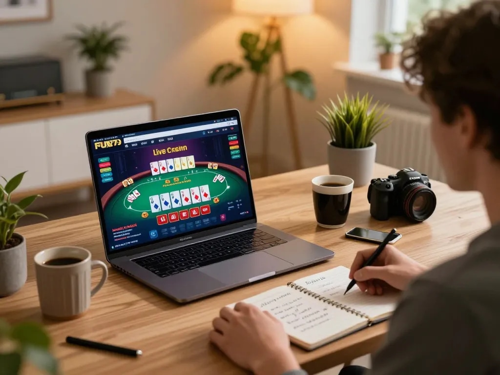 FUN79 player engaging in online casino gaming strategy in a cozy home office.