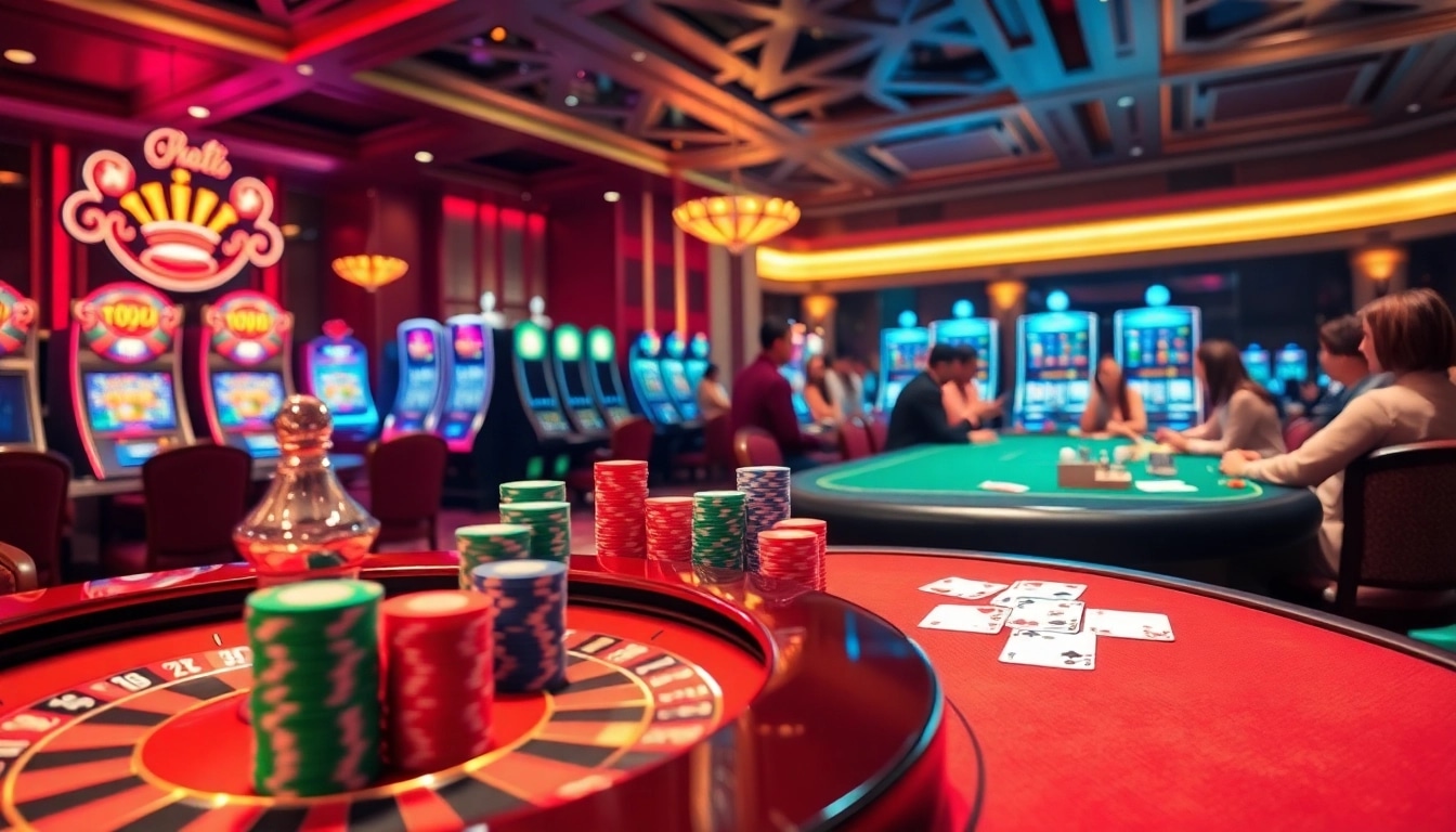 Experience the thrill of gambling at a nhà cái uy tín with vibrant casino tables and roulette wheels.