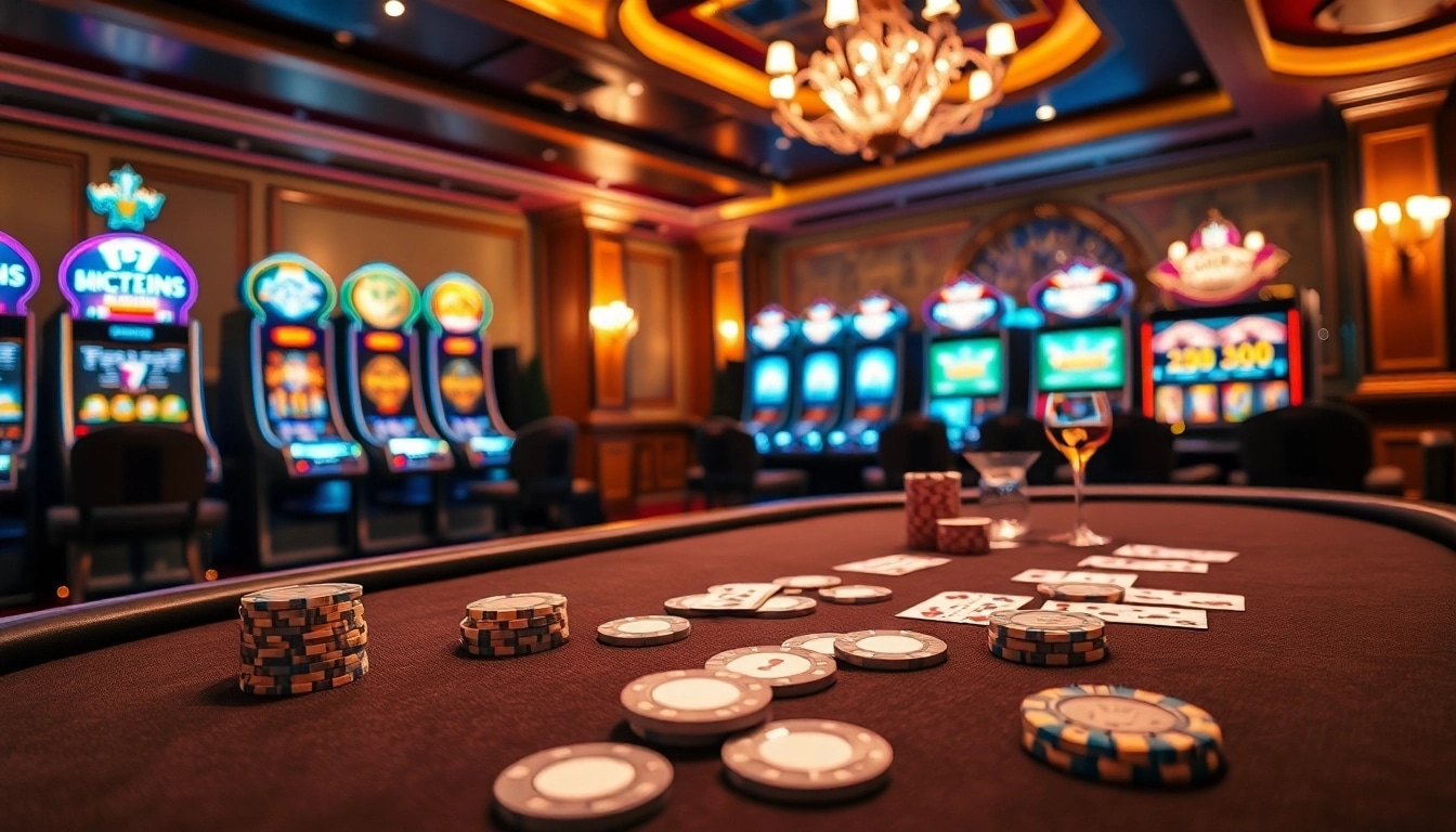 Experience thrilling gameplay at kp88.bio with a luxurious casino setting filled with poker tables.