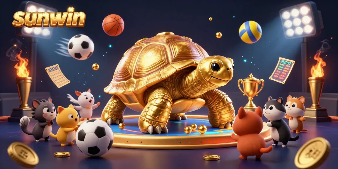 Experience thrilling gameplay at sunwin with a vibrant 3D illustration showcasing a golden tortoise pinball machine and sports betting excitement.