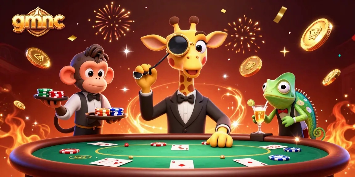 Play poker with gmnc's expert giraffe, monkey valet, and chameleon bartender in a lively casino scene.