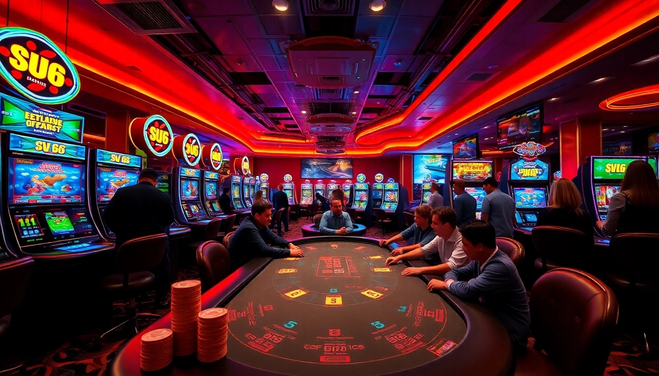 Exciting SV 66 casino atmosphere with vibrant gaming machines and players at the poker table.