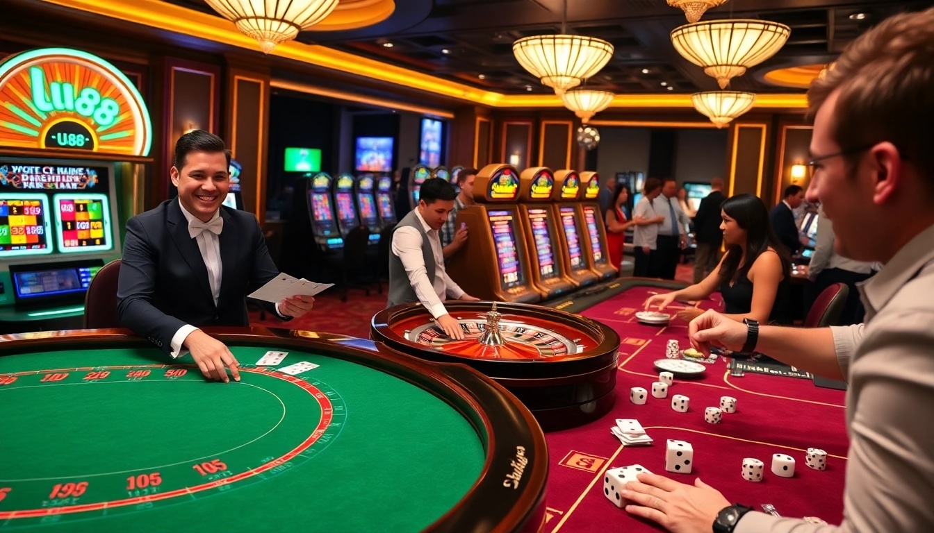 U888 players experiencing the thrill of casino games with roulette, blackjack, and slot machines.