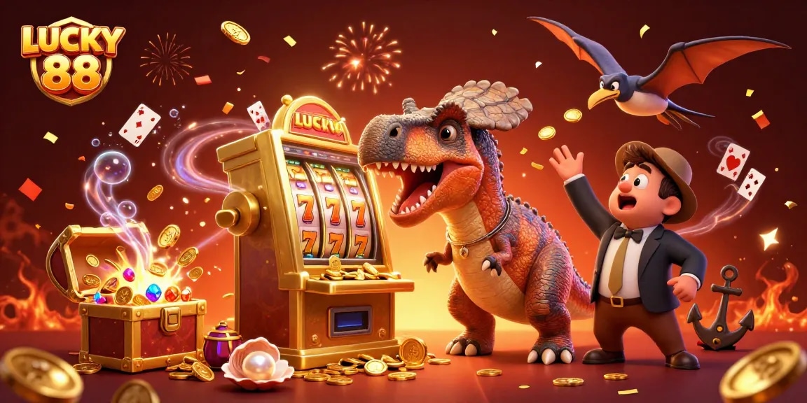 LUCKY 88 scene with cartoon dinosaurs and jackpot winning elements in a vibrant casino setting.