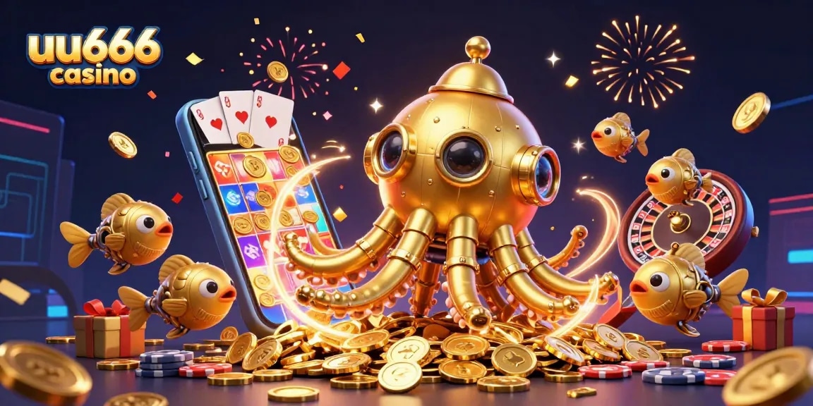 Experience thrilling wins at uu666 casino with a 3D kraken submarine and golden coins galore!
