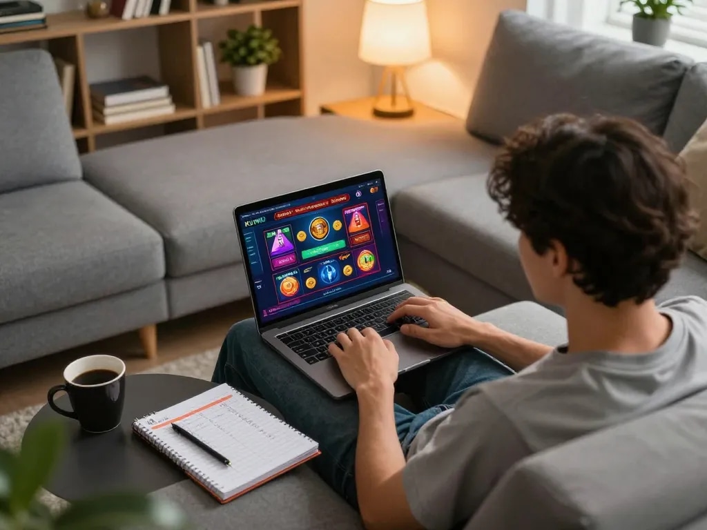 Person enjoying online gaming with KUWIN interface on laptop in a cozy home setting