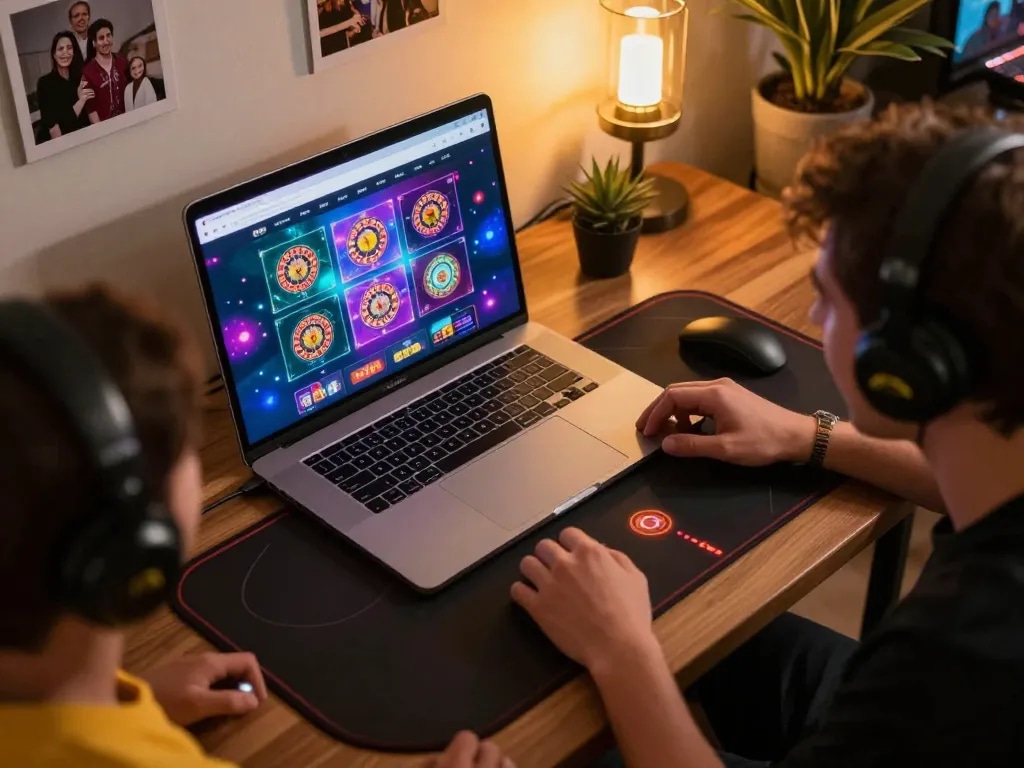 Engaged player using 98win9 for online roulette, cozy home atmosphere with colorful virtual gaming.