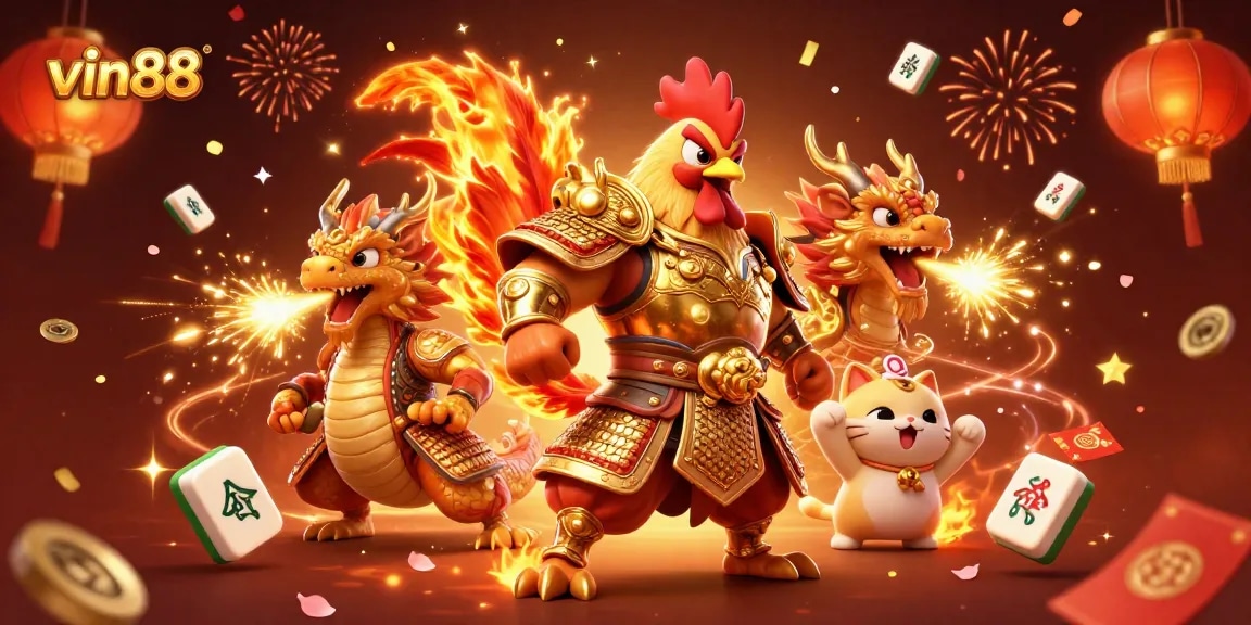 Experience thrilling games at vin88 with an animated rooster warrior and dragon in a vibrant setting.