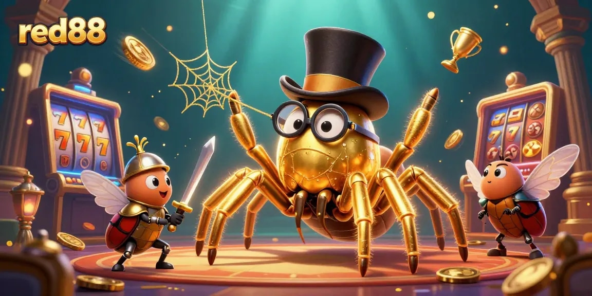 Experience red88's thrilling slots action with golden tarantula and knight in this vibrant casino scene.
