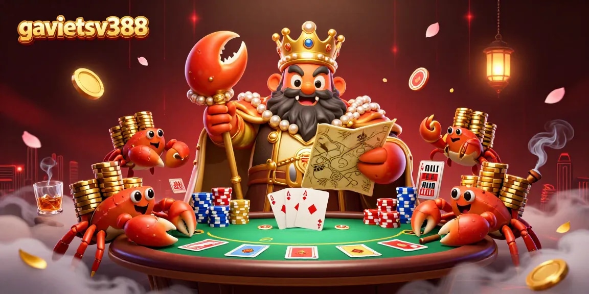 Engage with the exciting world of gavietsv388 featuring a golden crab emperor and vibrant casino elements.