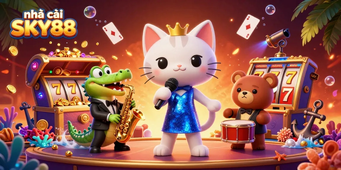 Join the excitement with nhà cái SKY88 at this vibrant casino scene featuring singing cat and circus bear.