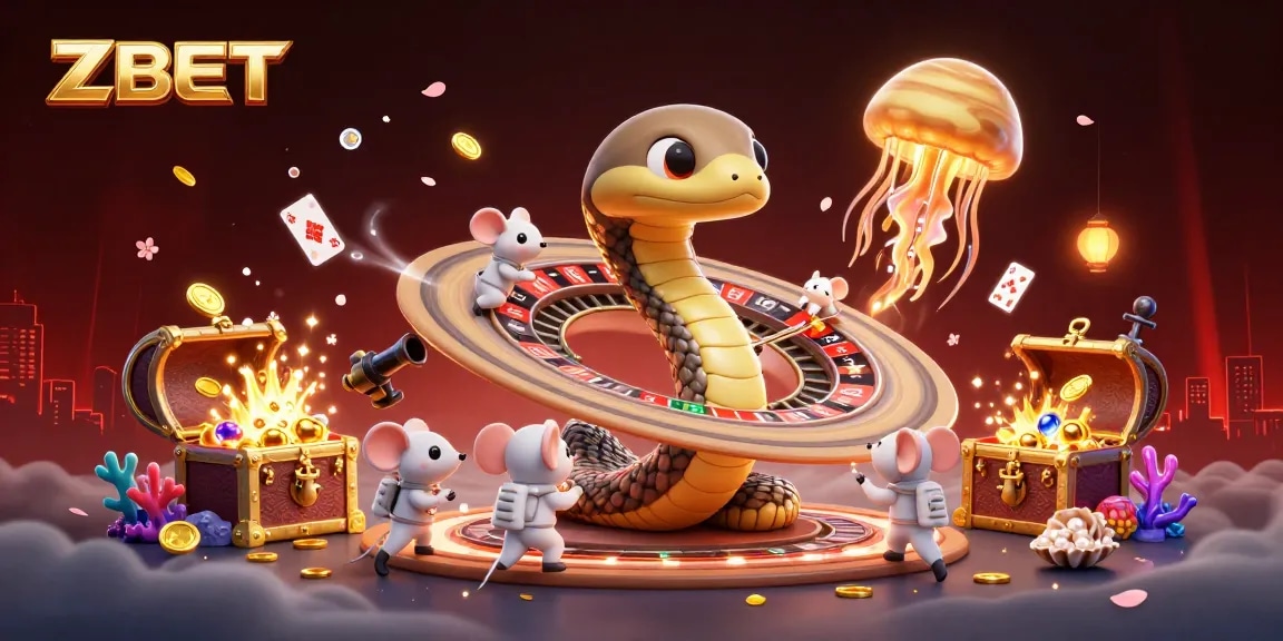 ZBET gambling scene with a Saturn ring snake roulette and astronaut mice betting, showcasing an energetic cosmic casino.