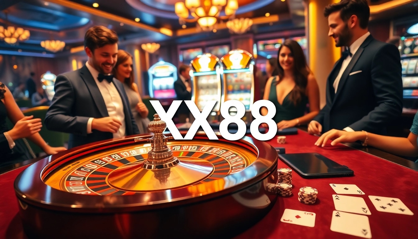 Experience the excitement of XX88 at a luxurious casino with roulette, cards, and poker chips.