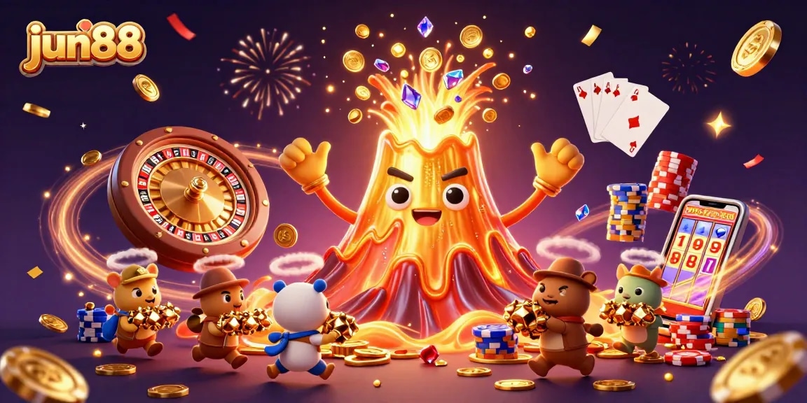 Engage with the thrilling atmosphere at jun88 as a golden volcano erupts treasures in the casino world.
