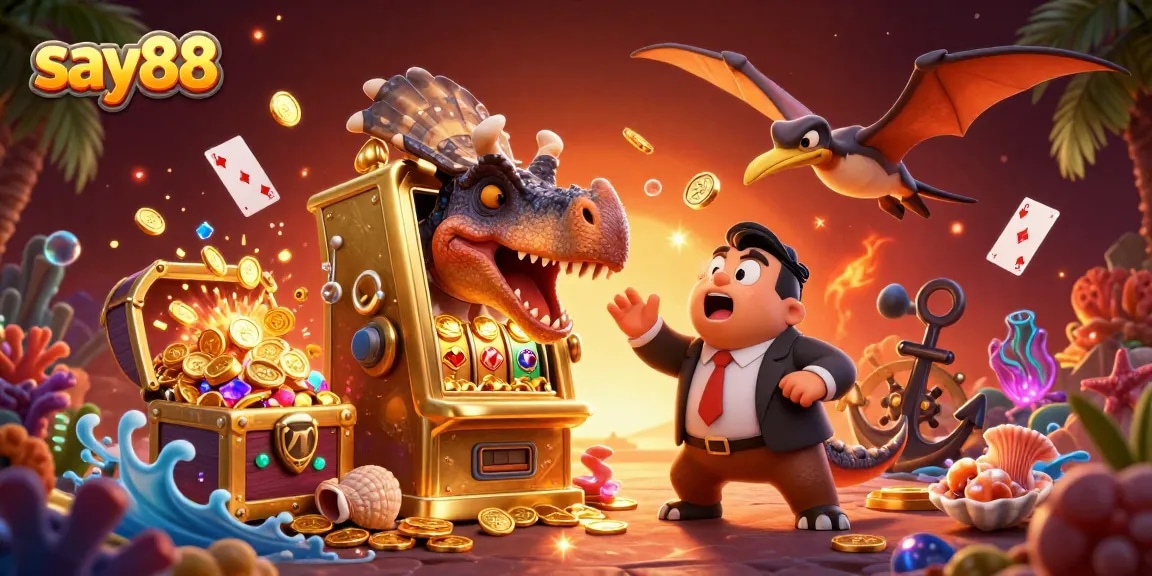 Experience the thrill with say88 as a pachycephalosaurus wins jackpot coins in a vibrant casino scene.
