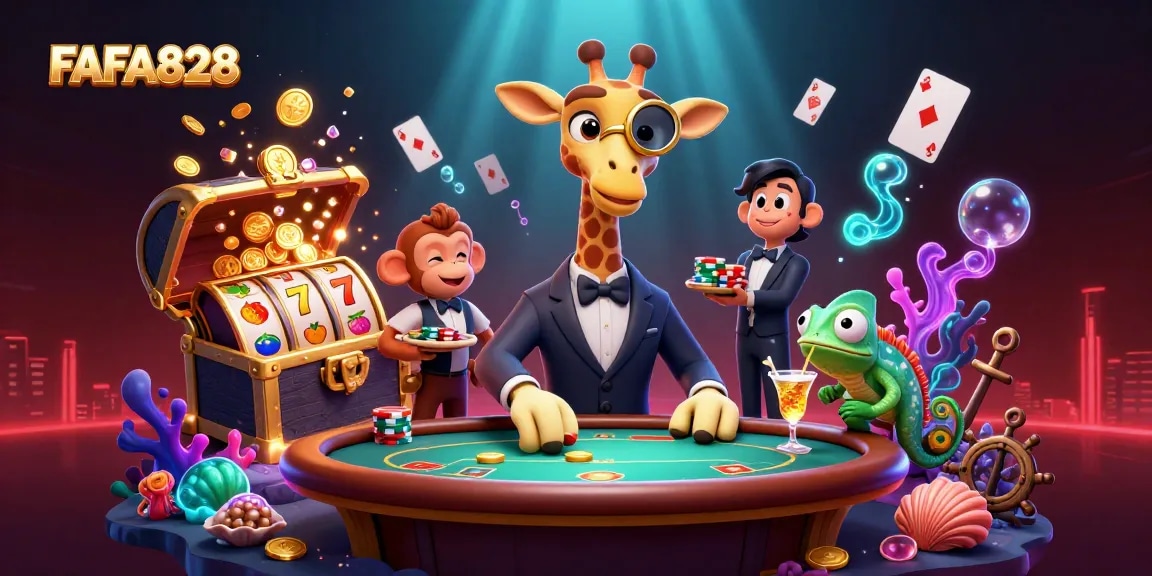 Experience the thrill of FAFA828 gaming with vibrant characters, treasure chests, and dynamic casino elements.
