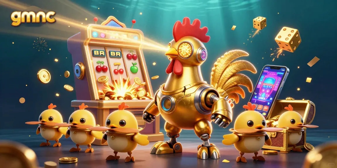 Engage with gmnc, a vibrant scene depicting a golden rooster robot and chick drones amidst a joyful jackpot burst of coins.