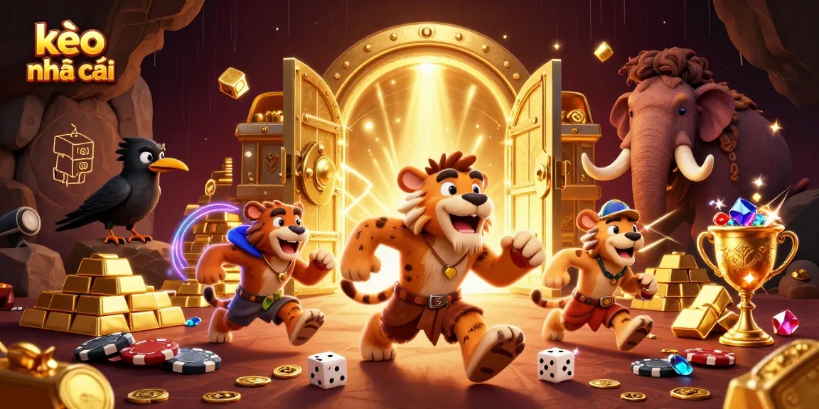 Experience the vibrant kèo nhà cái scene with lively caveman characters and dynamic casino elements.