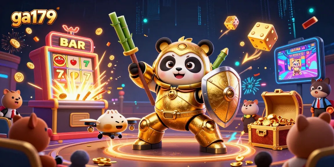 Experience thrilling gambling at GA179 with a lively mech-suit panda in a vibrant casino showdown.