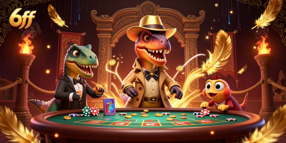 Experience thrilling blackjack action with 6ff as a velociraptor card counter amidst casino chaos.