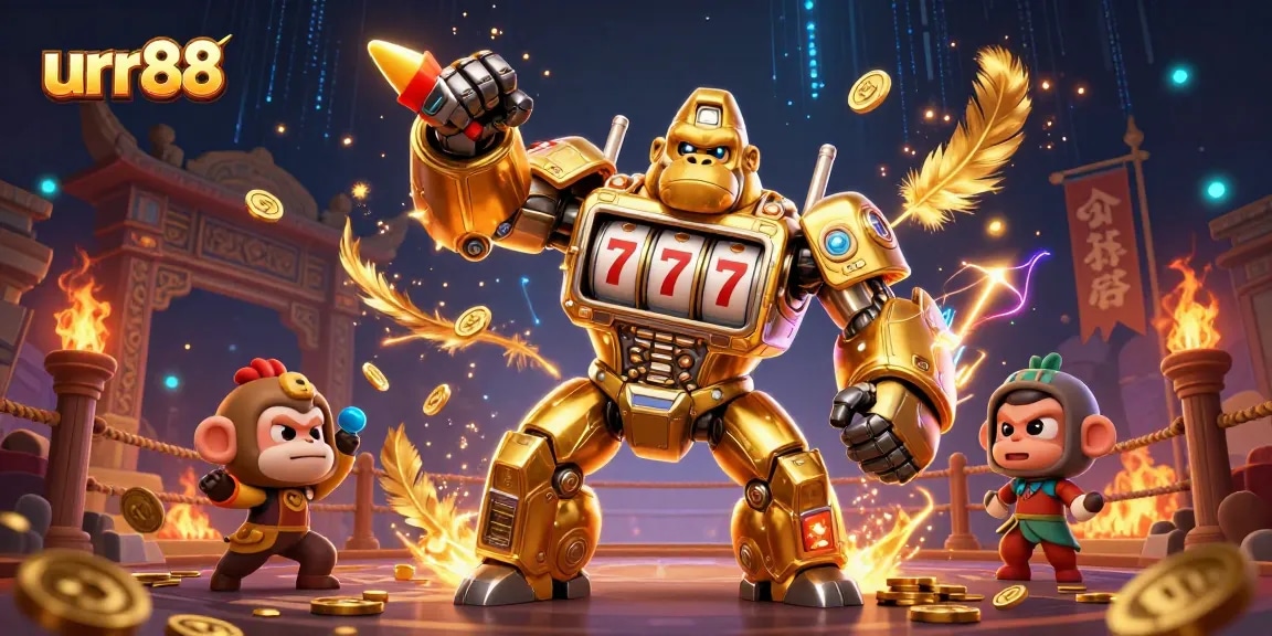 Engage in thrilling spins at urr88 with a vivid 3D golden gorilla mech amidst a dynamic casino scene.