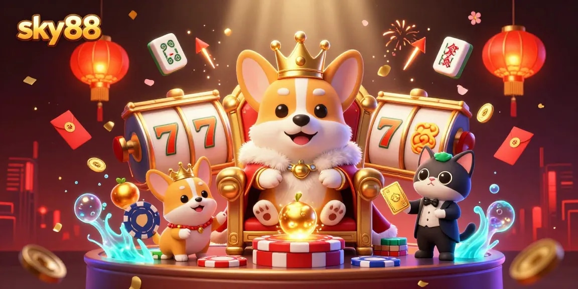 Engage with sky88's exciting slot games, featuring vibrant golden fruits and dynamic reels in an immersive 3D casino scene.