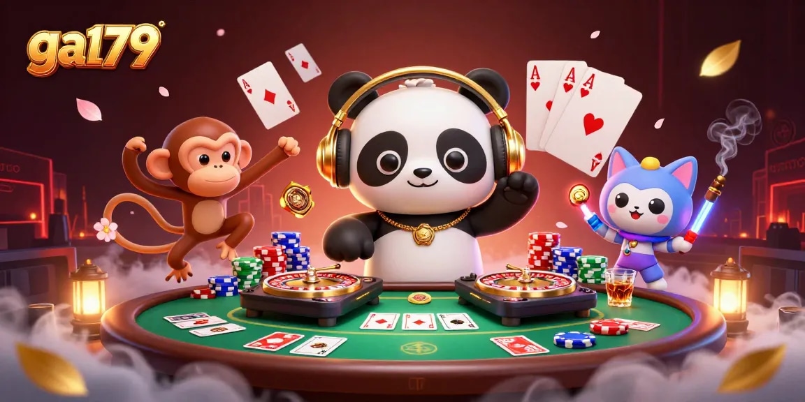 Experience thrilling gaming at ga179 with a DJ panda, dancing monkey, and glowing kitten in a vibrant casino scene.