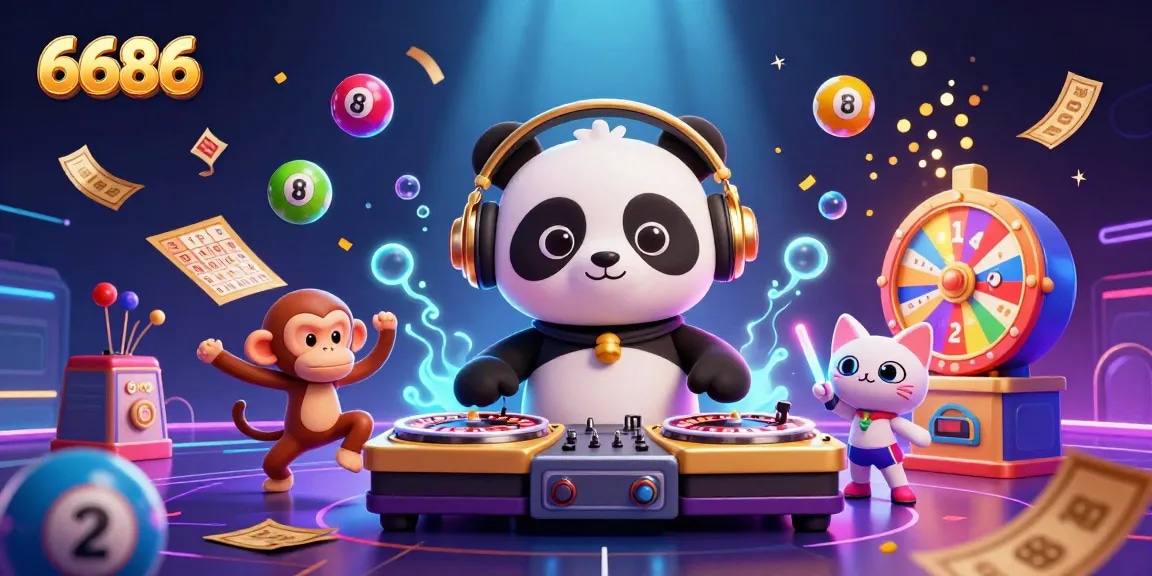 Bettors experience excitement at 6686 as a panda DJ spins roulette wheels surrounded by festive elements