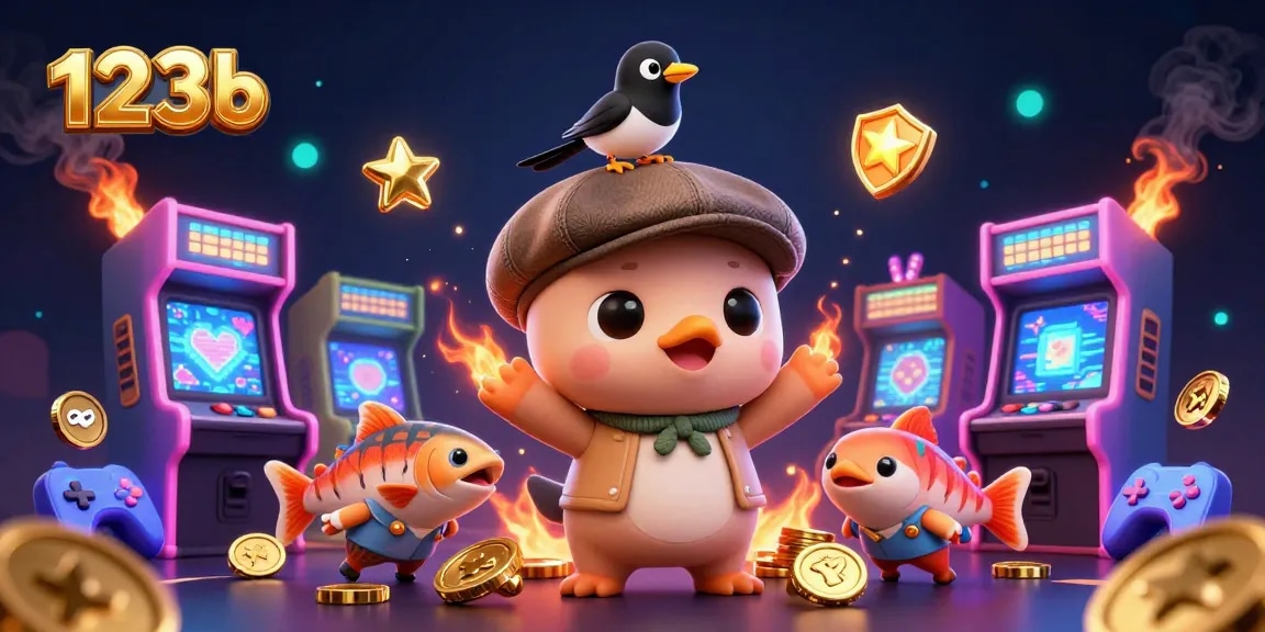 Cute cartoon Nessie and friends enjoying arcade games in a casino-themed illustration with 123b branding.