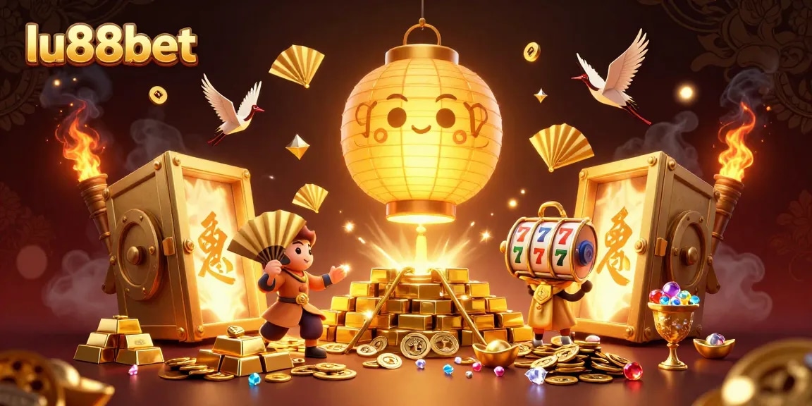 Experience thrilling wins at lu88bet with an enchanting golden lantern spirit in a bustling casino.