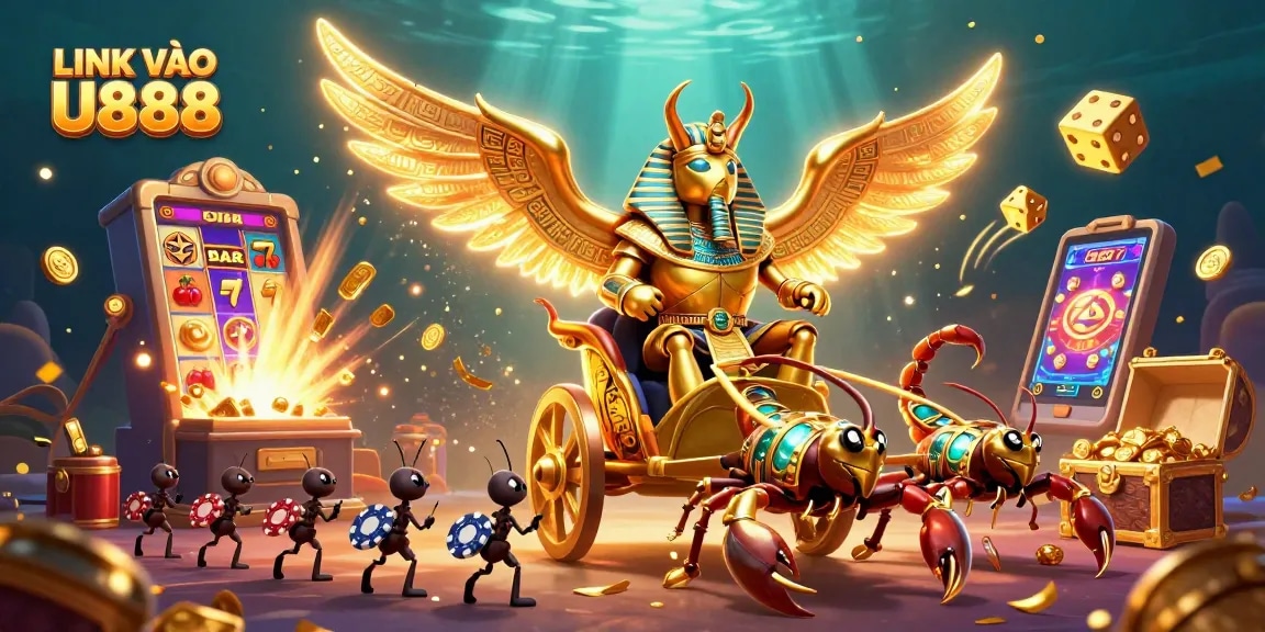 Spin to win with LINK VÀO U888 in an explosive 3D casino illustration showing dynamic characters and game elements.
