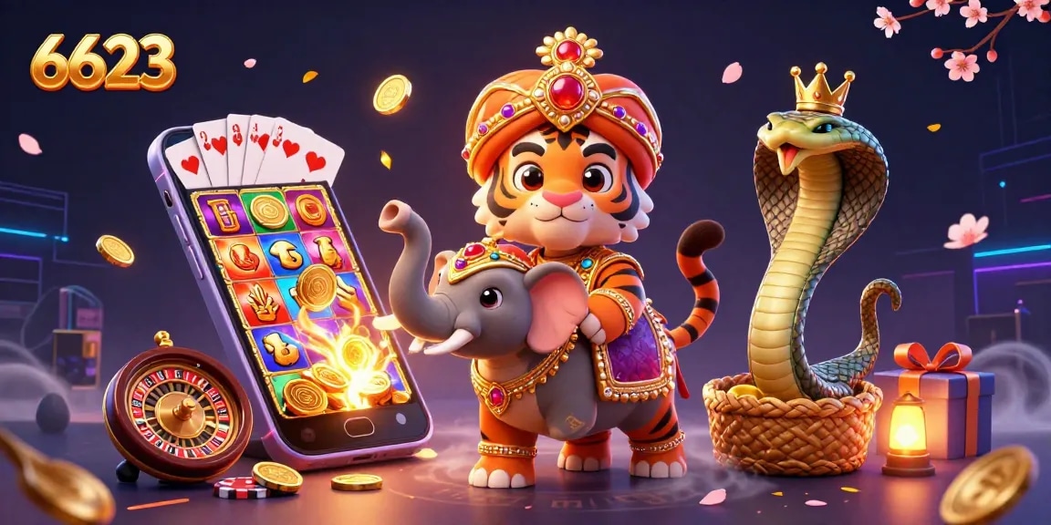 Experience the excitement of 6623 online betting with an energetic scene of casino games and vibrant characters.