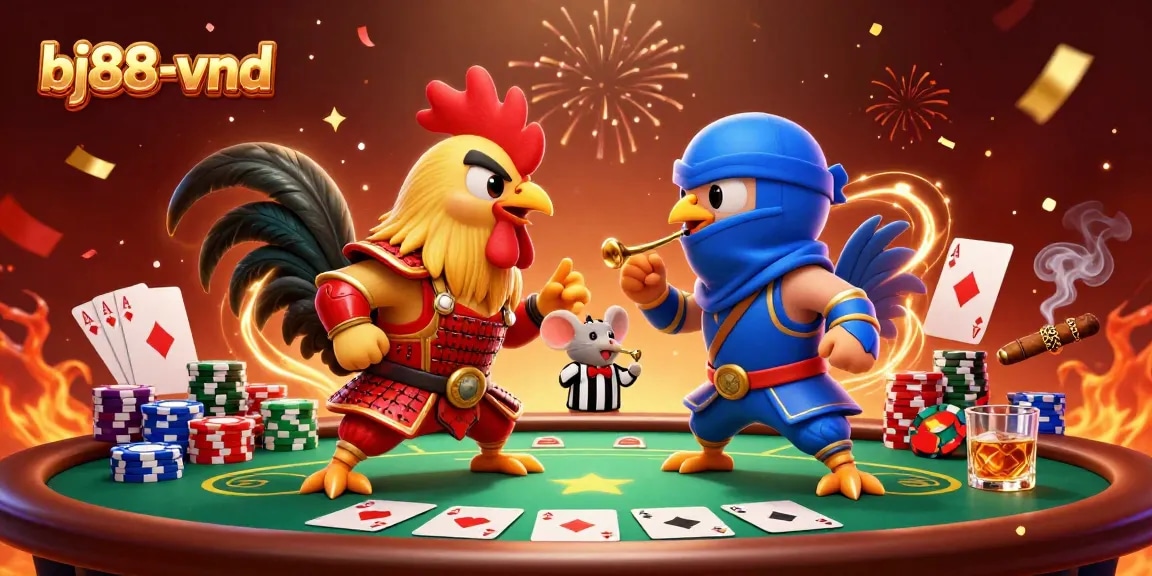 Experience thrilling action with bj88-vnd as roosters battle in a vibrant 3D casino scene.