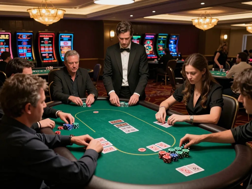 Experience Lucky 88 at a sophisticated poker table with engaged players and professional dealers.