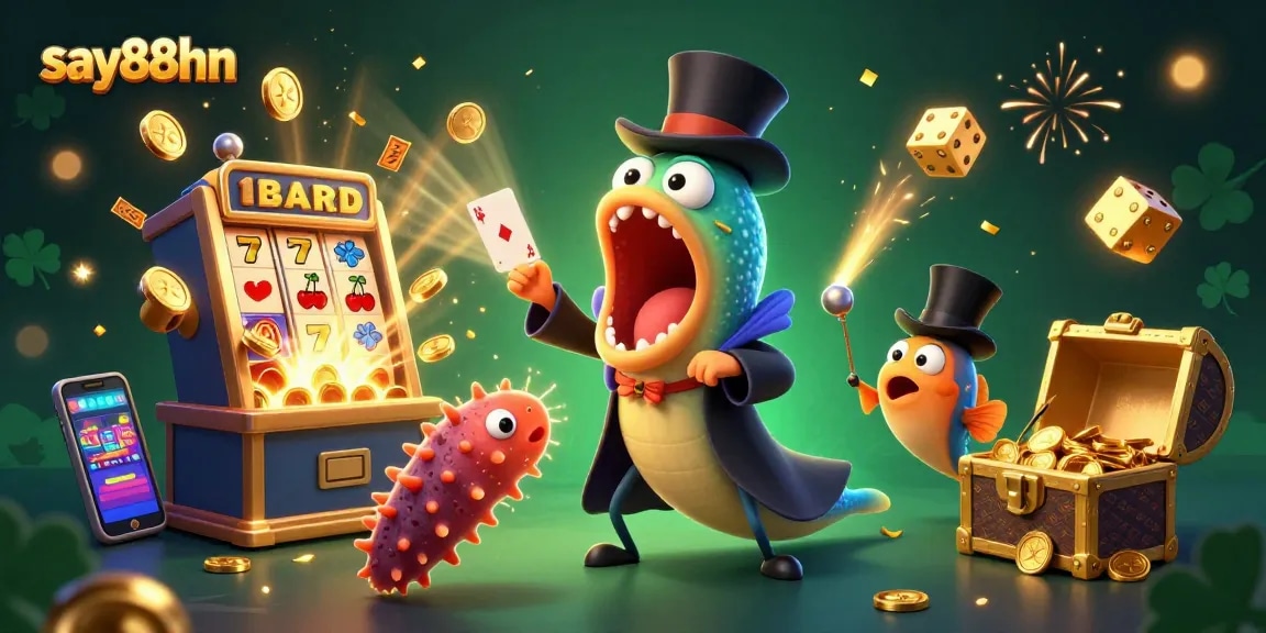 Engage with the exciting world of say88hn casino as a cartoon eel performs magic amidst a vibrant jackpot scene.