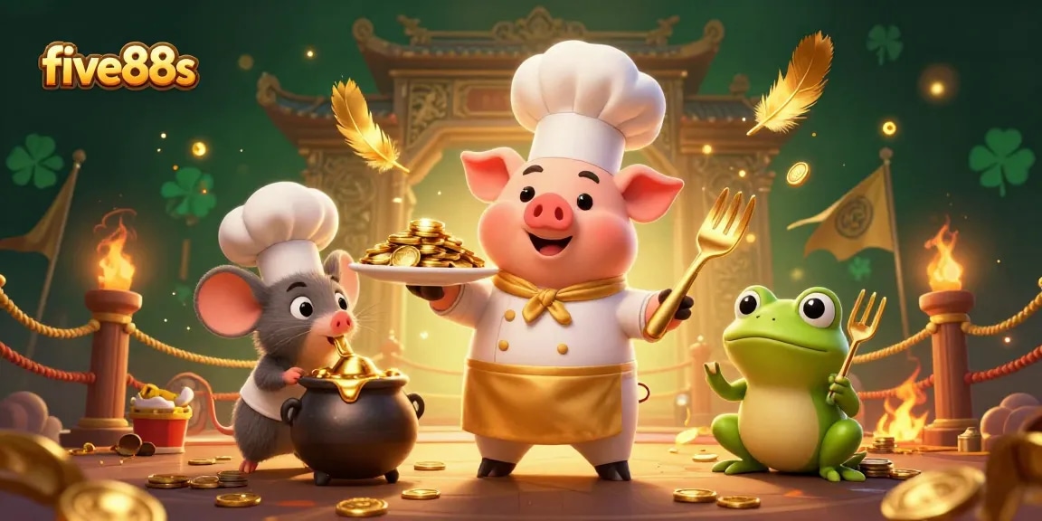 Experience the exciting world of five88s, where a chef pig serves glorious gold coins in an engaging online casino atmosphere.