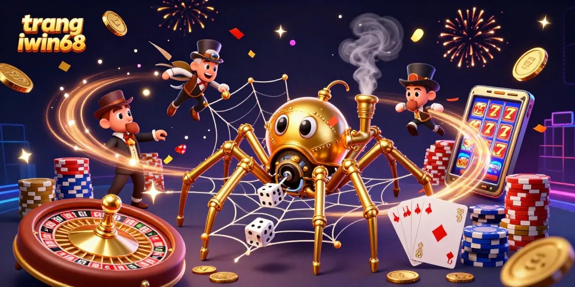 Experience exciting gameplay on trang iwin68 as golden coins and vibrant gems cascade around a steampunk spider.