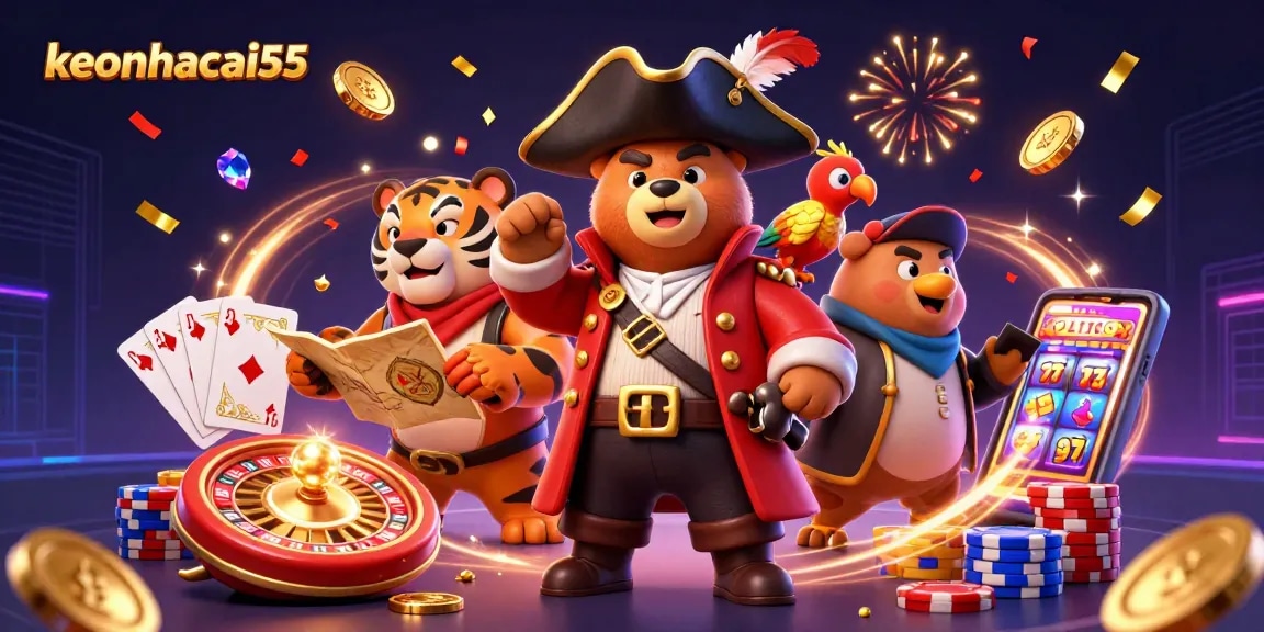 Join the adventure with keonhacai55 as a pirate captain bear spins casino reels and explores treasure.