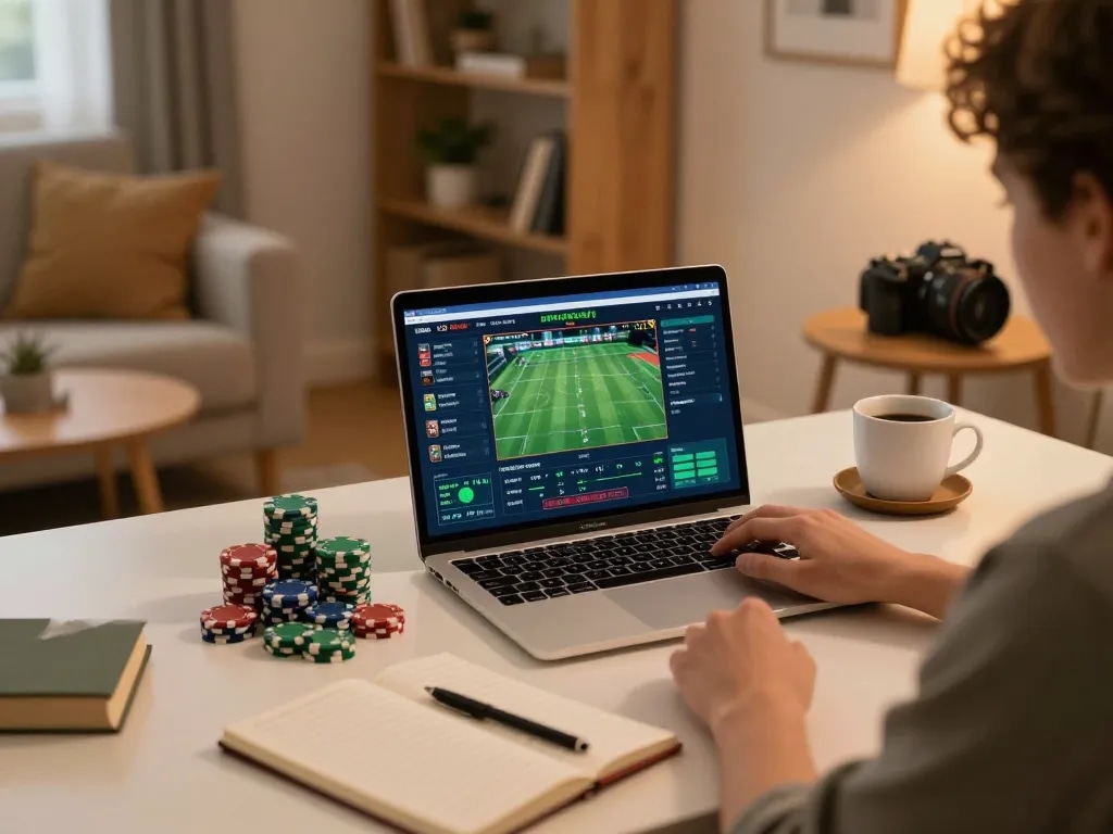 Engaging in online sports betting at home using uu88 .com platform, showcasing strategic setup and cozy atmosphere.