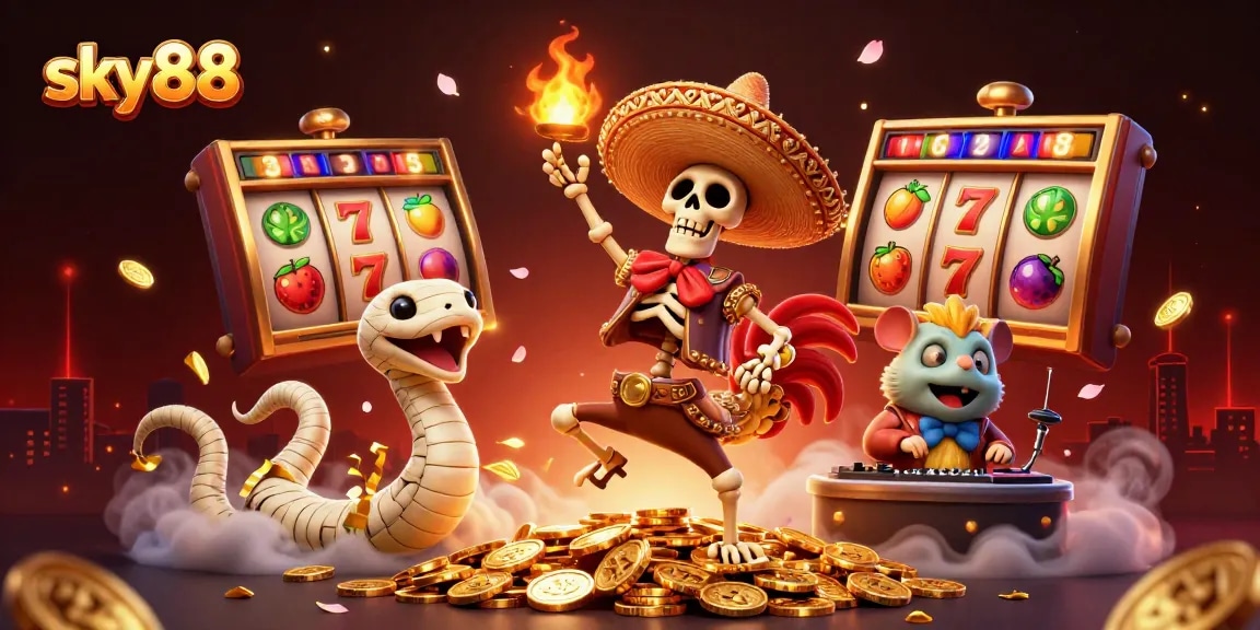 Explore sky88's exciting slots with a dancing rooster and a vibrant casino scene full of energy.