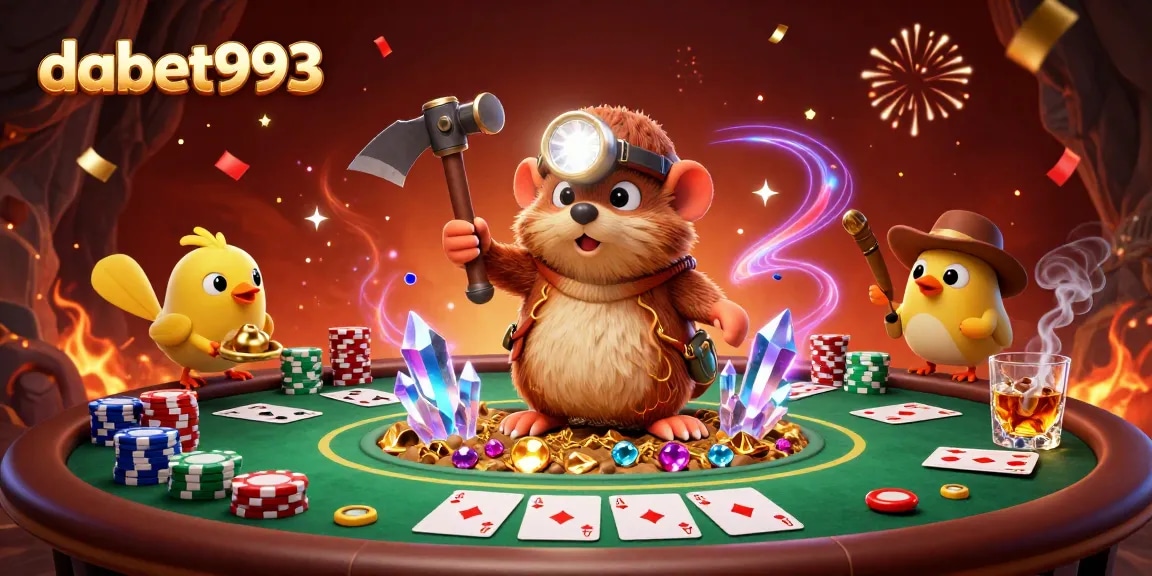 DABET993 engagingly showcases a treasure hunter and canary in a vibrant poker-filled scene.
